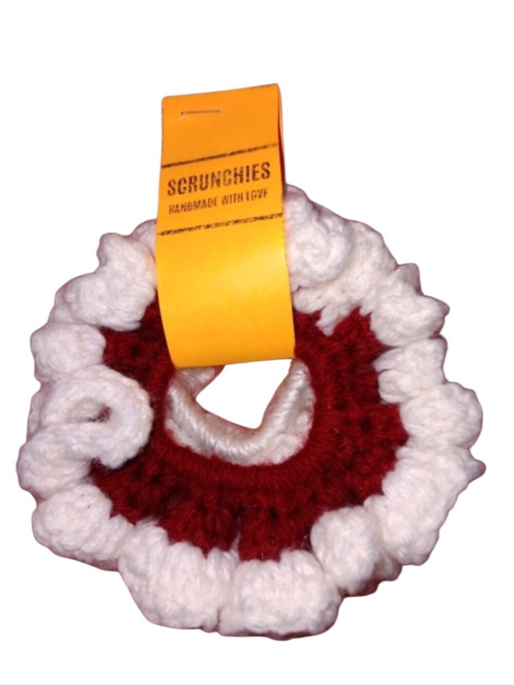 #97 Handmade Two-Tone Crochet Scrunchie - White & Burgundy